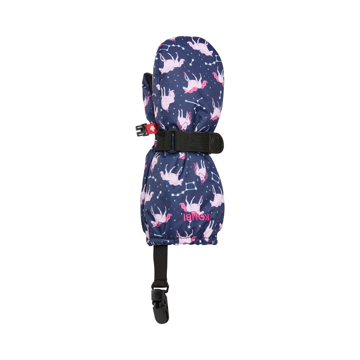 Mitaines d'hiver - Kombi The Crazy Cariboo bleu marine avec motifs licornes roses, noire sangle réglable, vue de face, pour enfant.