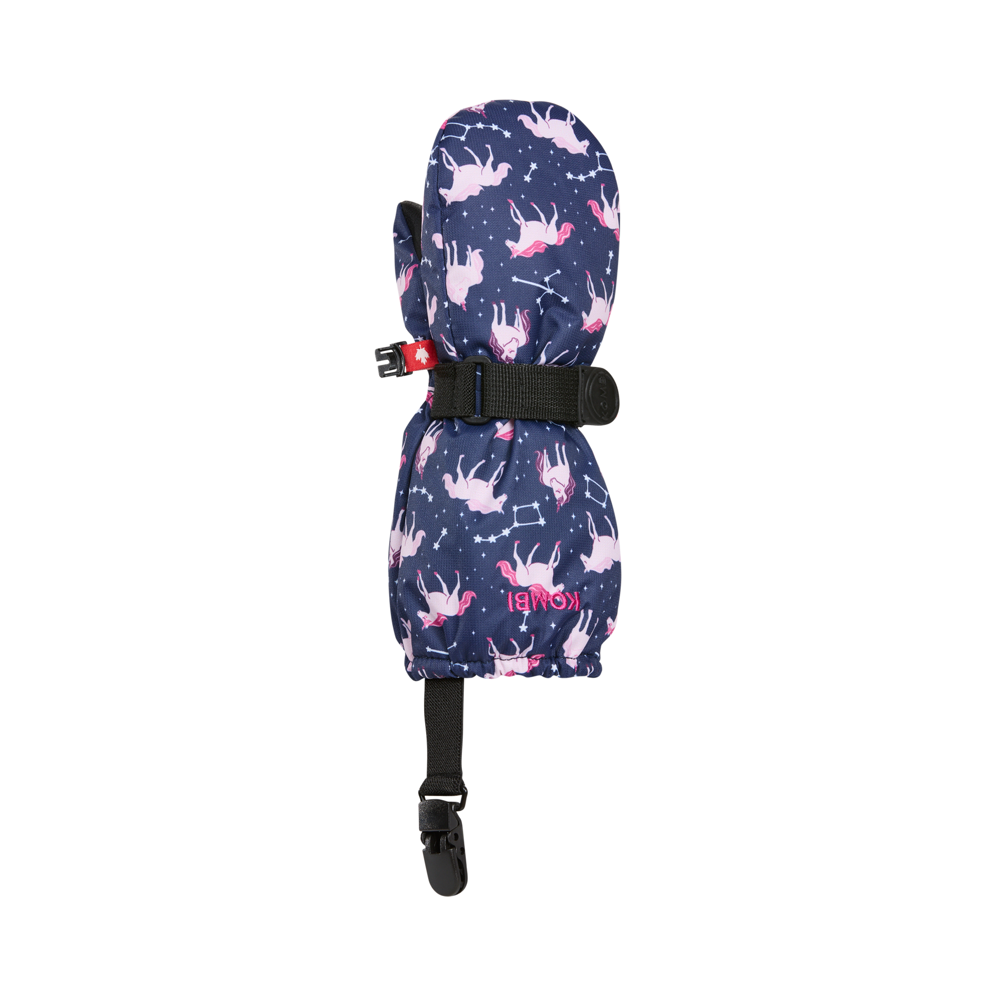 Mitaines d'hiver - Kombi The Crazy Cariboo bleu marine avec motifs licornes roses, noire sangle réglable, vue de face, pour enfant.