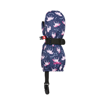Mitaines d'hiver - Kombi The Crazy Cariboo bleu marine avec motifs licornes roses, noire sangle réglable, vue de face, pour enfant.