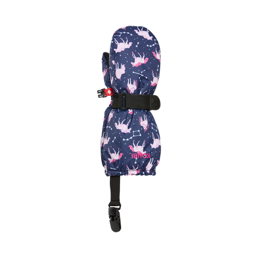 Mitaines d'hiver - Kombi The Crazy Cariboo bleu marine avec motifs licornes roses, noire sangle réglable, vue de face, pour enfant.