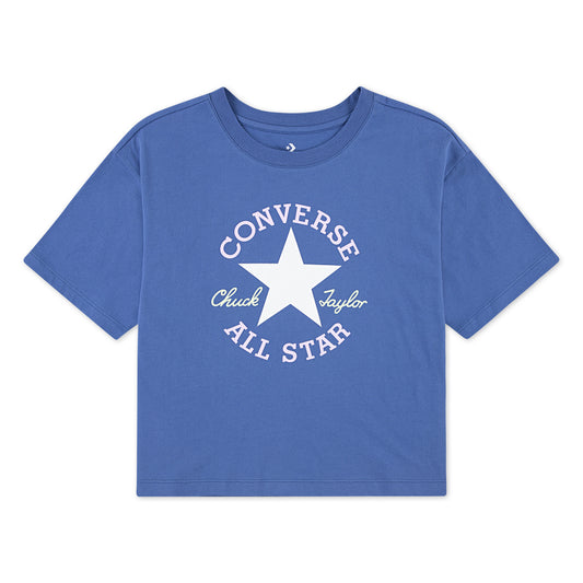 T-Shirt - Converse bleu avec logo étoile blanc et texte All Star, coupe carrée et épaules tombantes, image 3000x3000px.