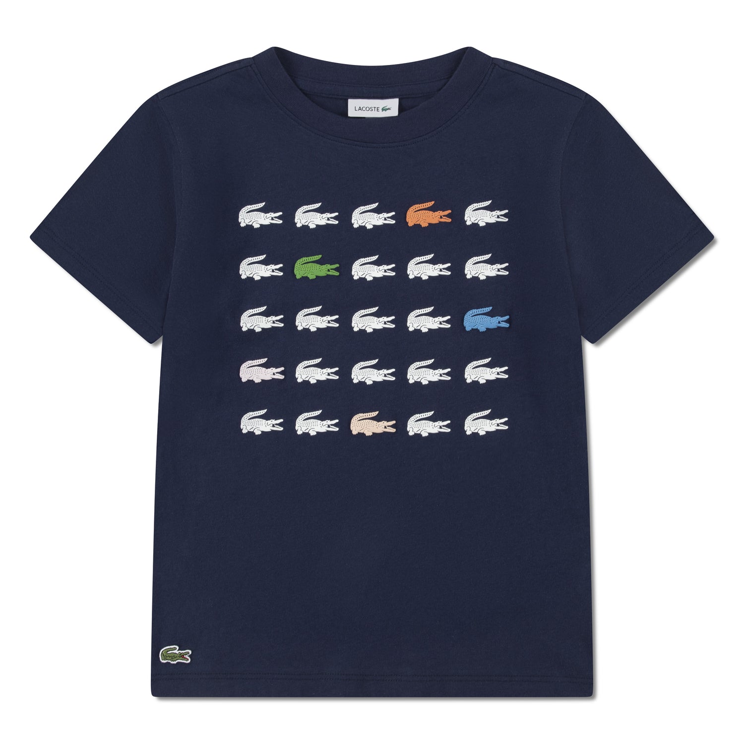 T-Shirt - Lacoste bleu marine en coton avec motifs crocodiles multicolores, coupe classique, vue de face.