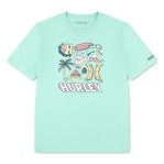 T-Shirt - Hurley turquoise avec motifs colorés imprimés devant, en coton polyester, vue de face, style décontracté homme adulte.
