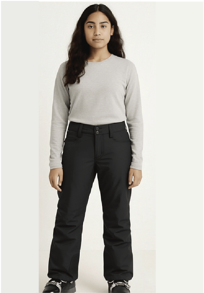 Femme portant un pantalon de neige - Roxy noir en tissu technique imperméable, coupe droite, vue de face, style fonctionnel hiver.