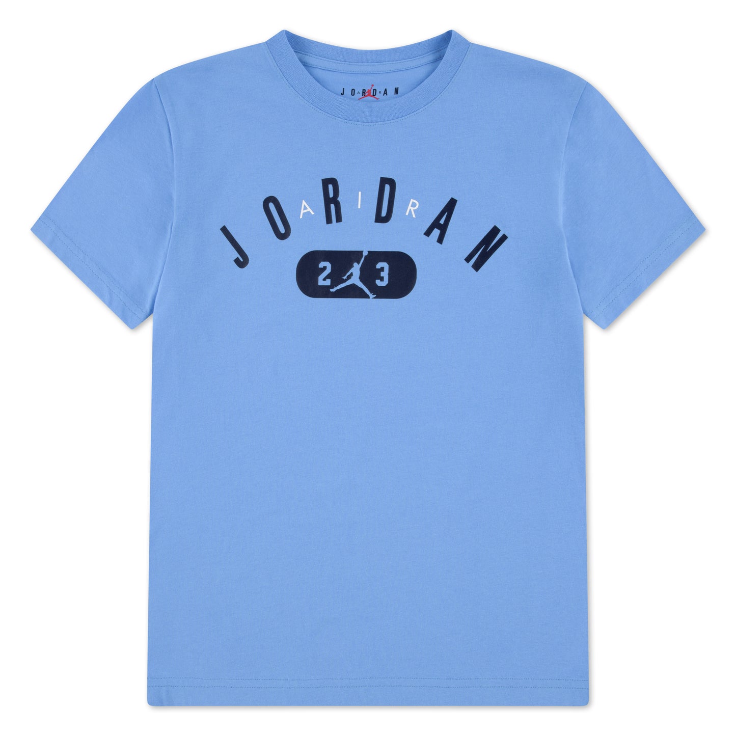 T-Shirt - Jordan bleu ciel en coton avec logo noir et blanc imprimé, style classique, vue de face.