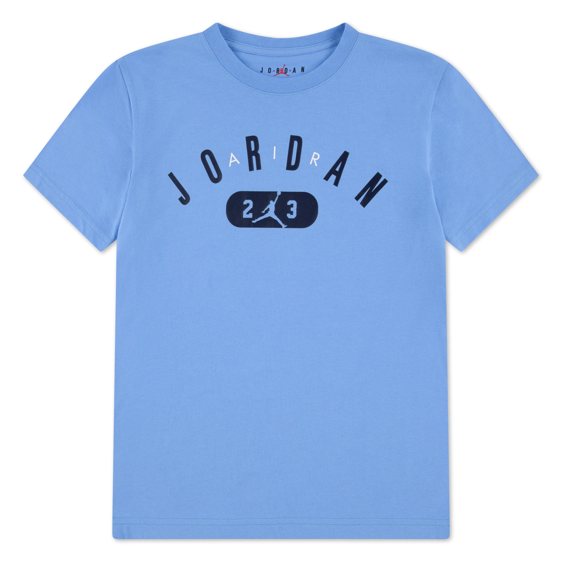 T-Shirt - Jordan bleu ciel en coton avec logo noir et blanc imprimé, style classique, vue de face.