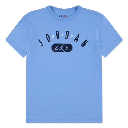 T-Shirt - Jordan bleu ciel en coton avec logo noir et blanc imprimé, style classique, vue de face.