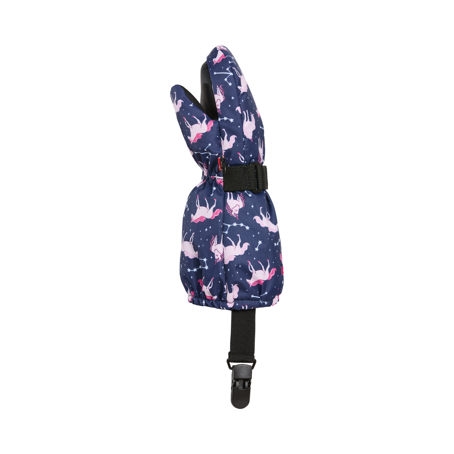 Mitaines d'hiver - Kombi The Crazy Cariboo bleu marine avec motifs licornes roses, style moufles pour enfant, vue de profil, détail du tissu imperméable.