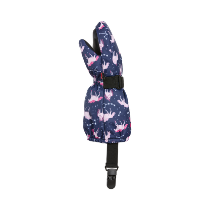 Mitaines d'hiver - Kombi The Crazy Cariboo bleu marine avec motifs licornes roses, style moufles pour enfant, vue de profil, détail du tissu imperméable.
