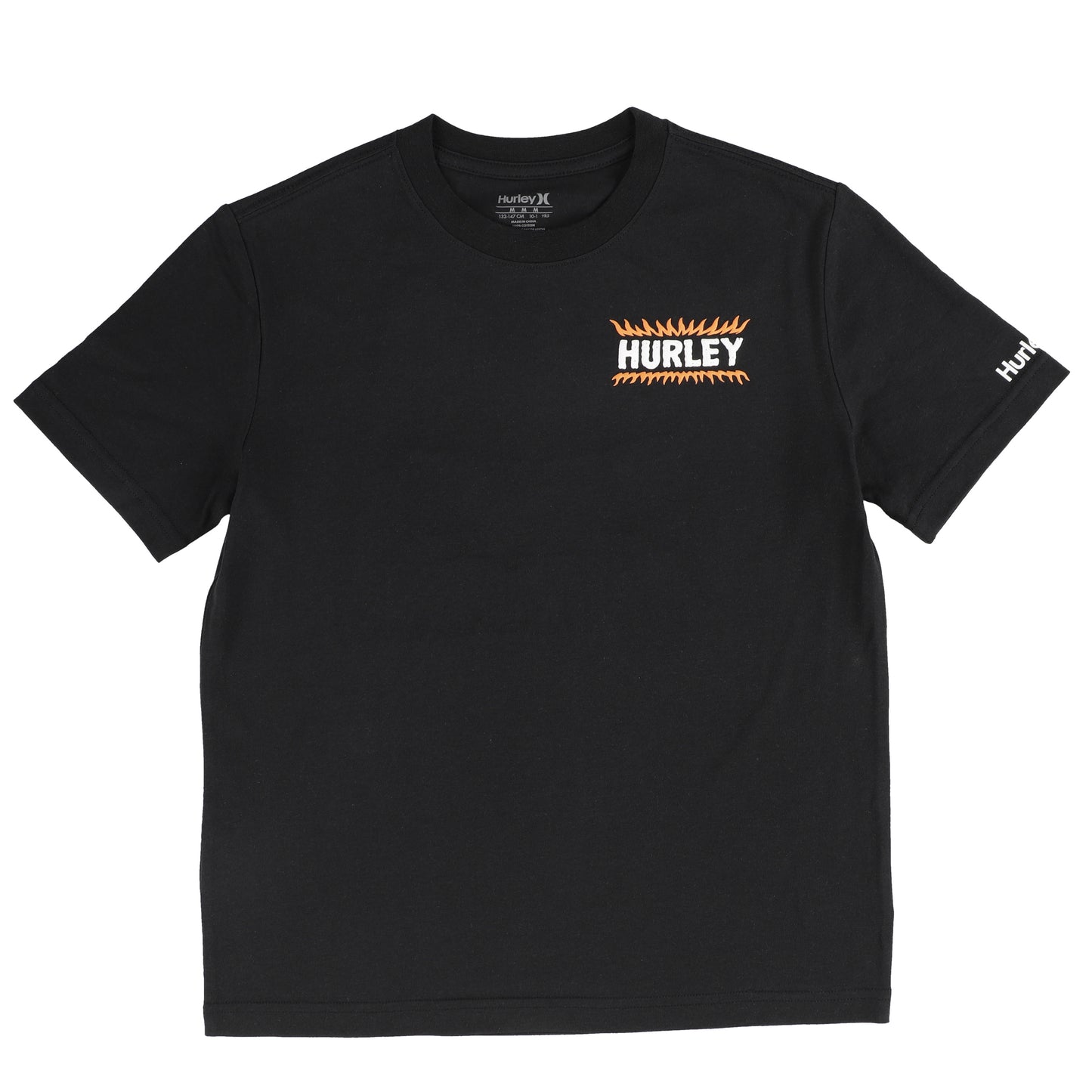 T-Shirt - Hurley noir en coton avec logo orange et blanc sur la poitrine, coupe droite, vue de face.