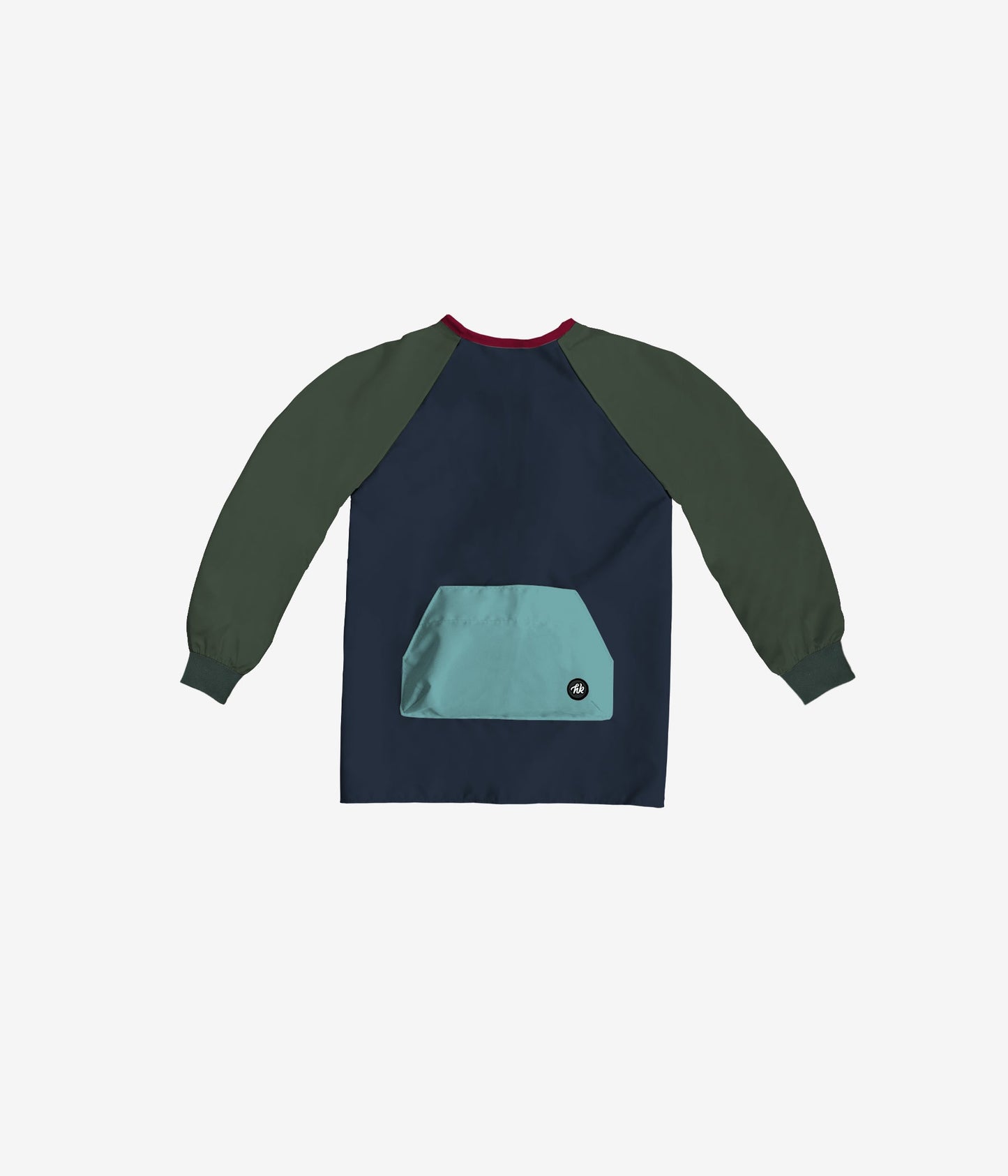 Tablier - Headster avec manches longues vert foncé, corps bleu marine, poche devant bleu clair, vue de dos, pour enfant.