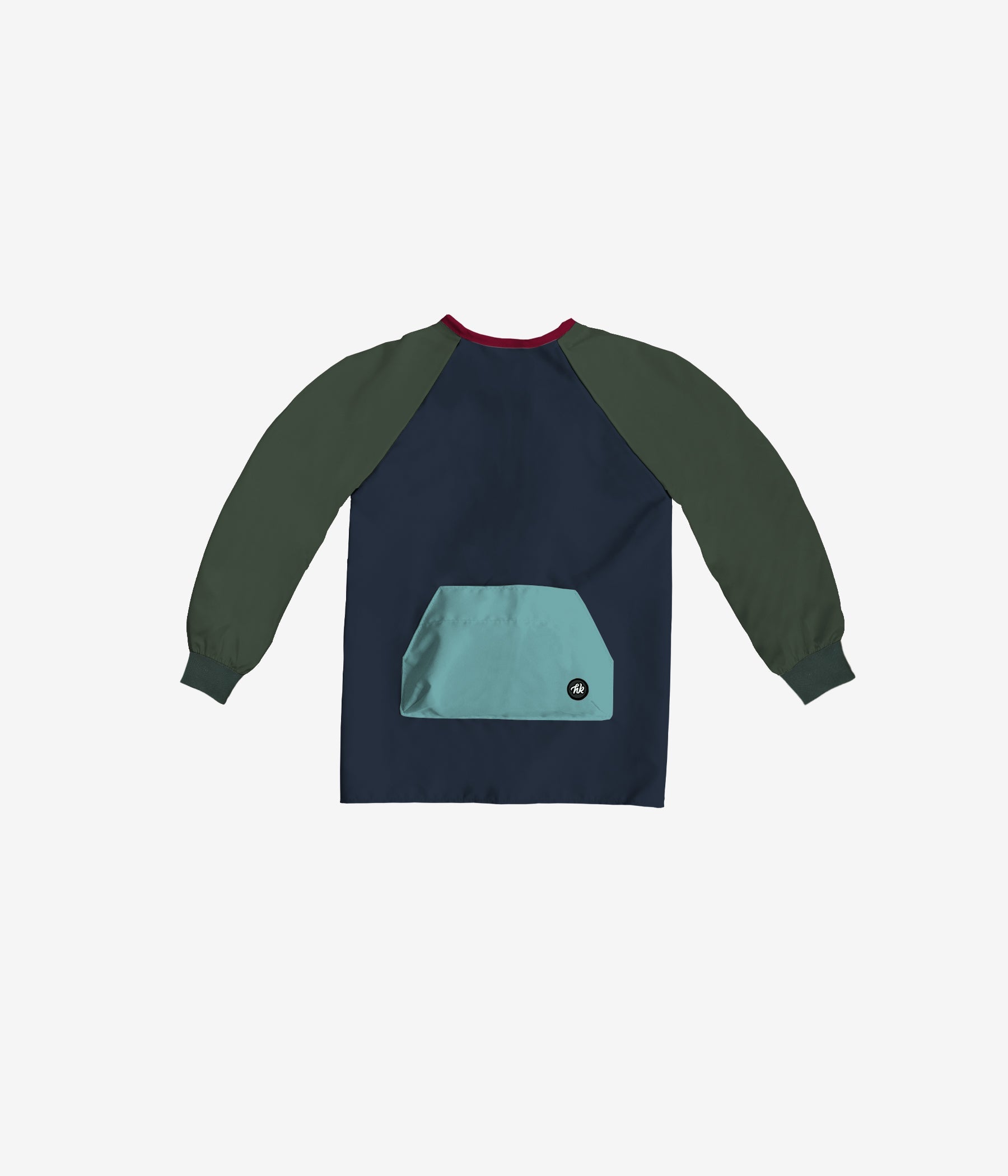 Tablier - Headster avec manches longues vert foncé, corps bleu marine, poche devant bleu clair, vue de dos, pour enfant.