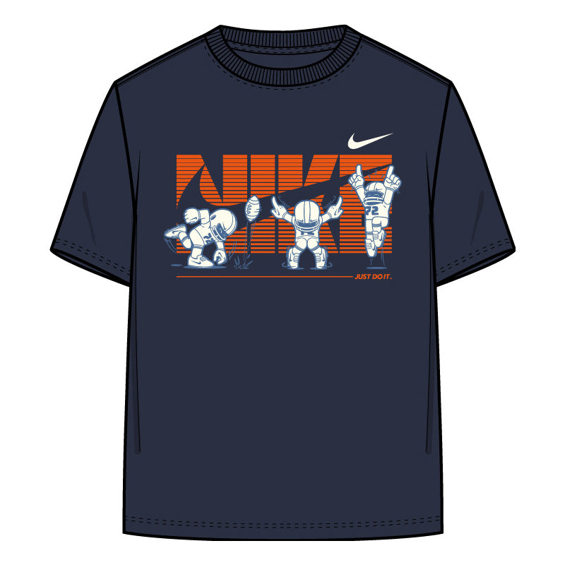 T-Shirt Dri-FIT End Zone Dance Tee - Nike bleu marine avec motifs joueurs de football américains blancs et orange, coupe classique, vue de face.