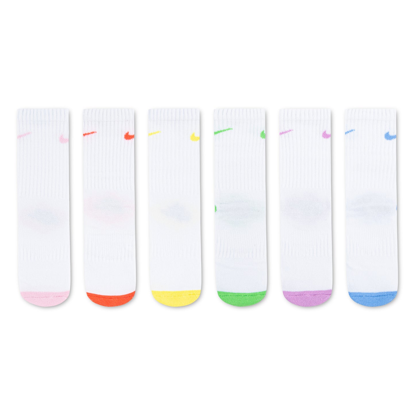6 Paires de bas - Nike blanches à motifs colorés rose, orange, jaune, vert, violet et bleu, vue de face.