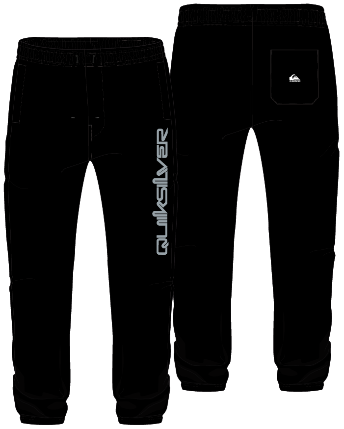 Pantalon - Quiksilver noir avec logo gris sur la jambe, style jogging en coton, pour homme, vue de face et dos.