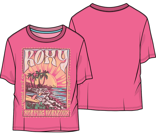 T-Shirt Oversize - Roxy rose en coton, imprimé surf multicolore, pour enfant, vue de face et dos.