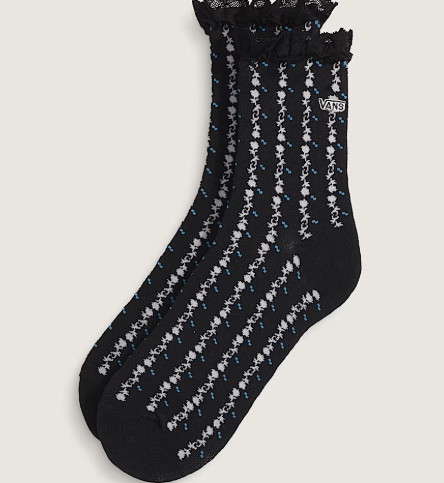 1 Paire de Bas - Vans noirs avec motifs floraux blancs et bleus, bordure à volants, pour fille, vue de face.