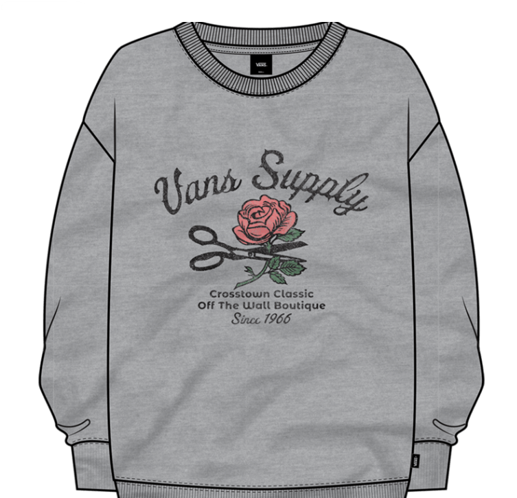 Chandail - Vans gris avec imprimé ciseaux et rose rouge, col rond côtelé, pour fille, vue de face.