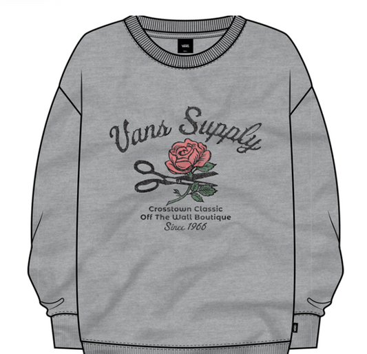 Chandail - Vans gris avec imprimé ciseaux et rose rouge, col rond côtelé, pour fille, vue de face.