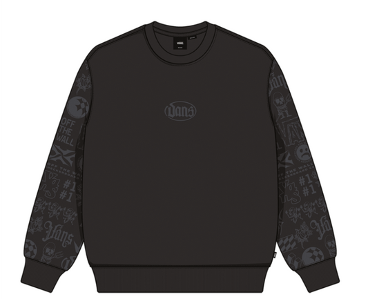 Chandail - Vans noir avec manches imprimées gris foncé à motifs skate, col rond, pour garçon, vue de face.