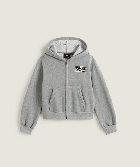 Veste - Vans grise en coton mélangé avec capuche, poches kangourou, logo imprimé noir, pour garçon, vue de face.