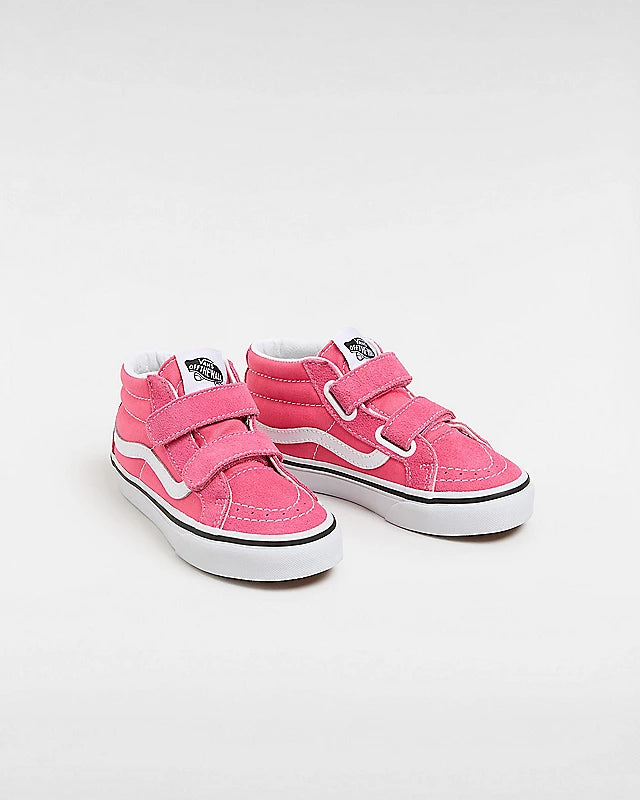 Chaussures - Sk8-Mid Reissu rose en toile et suède avec bandes blanches, lanières auto-agrippantes, pour enfant, vue de profil gauche.