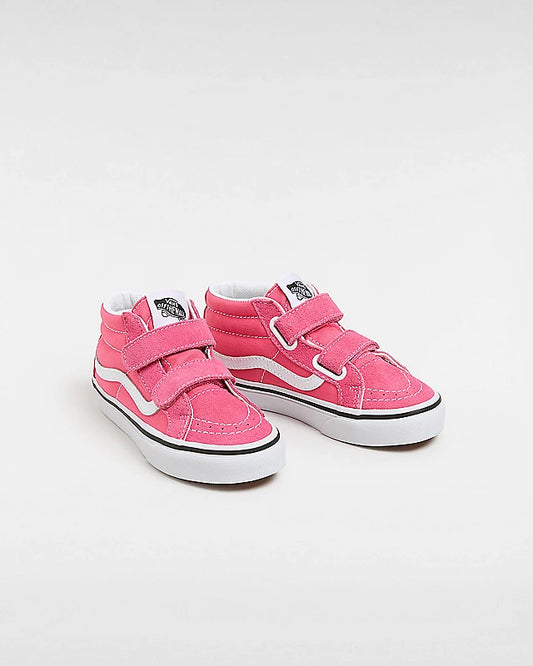 Chaussures - Sk8-Mid Reissu rose en toile et suède avec bandes blanches, lanières auto-agrippantes, pour enfant, vue de profil gauche.