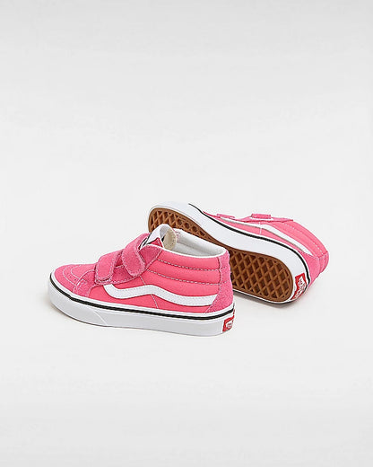 Chaussures - Sk8-Mid Reissu rose à tige mi-haute en toile et suède, lanières velcro, pour enfant, vue de côté et dessous.