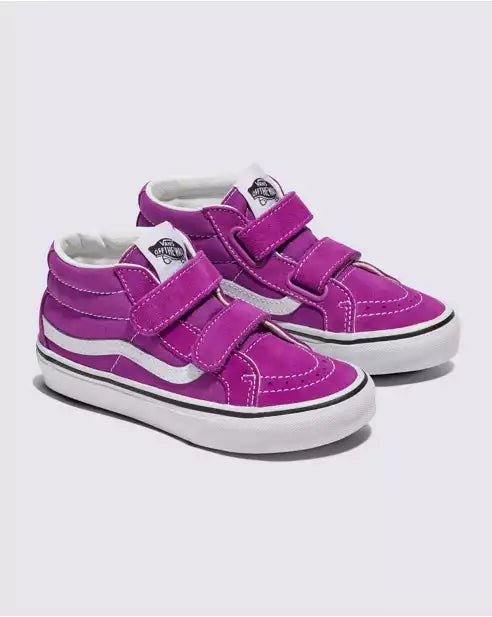 Chaussures Sk8-Mid Reissue V - Vans violettes à scratchs blancs, semelle blanche, style enfant fille, vue de profil droit.