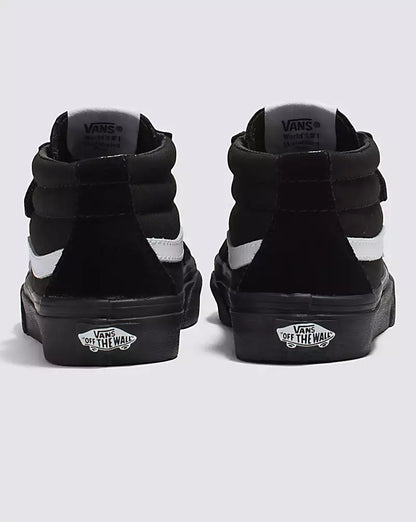 Chaussures - Sk8-Mid Reissu noires et blanches en toile et suède pour enfant, vue arrière avec logo Vans sur semelle.