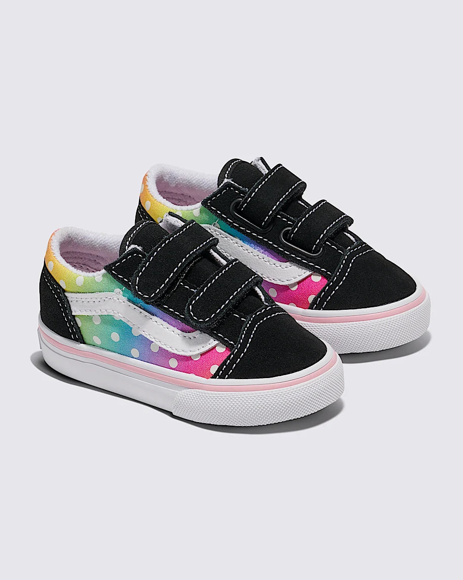 Chaussures Old Skool V - Vans multicolores à pois blancs, toile et suède noir, fermeture scratch, pour enfant, vue de côté.