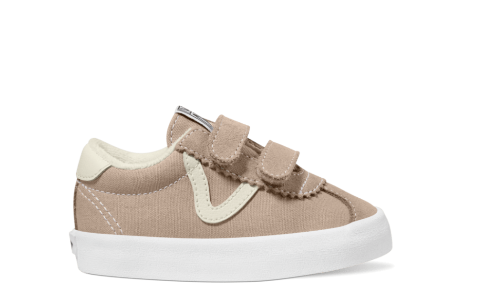 Chaussures - Sport Low Vans beige et blanc en toile avec fermeture à scratch, style enfant, vue de profil gauche