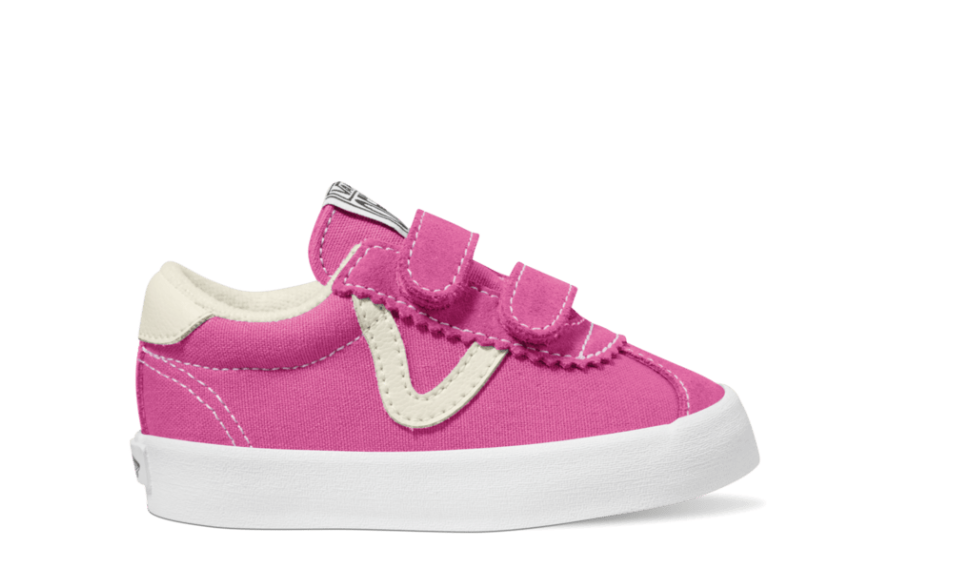 Chaussures - Sport Low Vans rose avec détails blancs, fermetures velcro, toile, pour fille, vue de profil droit