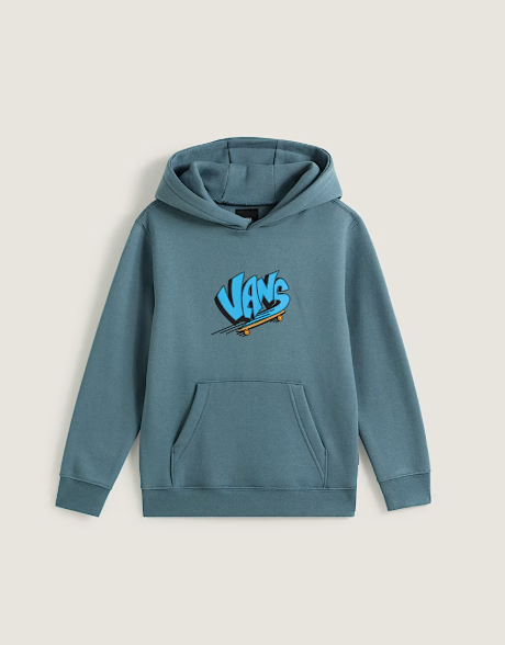 Hoodie - Vans bleu gris avec logo bleu et orange, style enfant, capuche et poche kangourou, vue de face