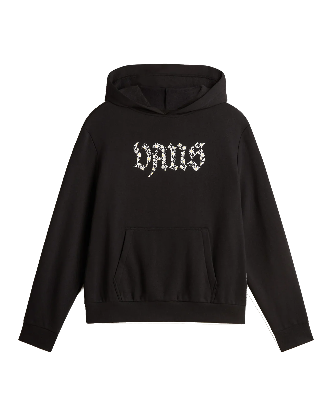 Hoodie - Vans noir en coton avec logo floral blanc, style fille, à capuche et poche kangourou, vue de face.