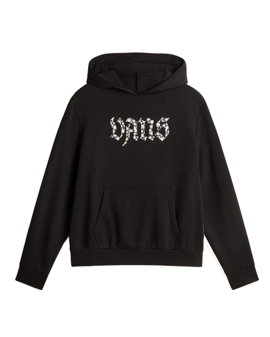 Hoodie - Vans noir en coton avec logo floral blanc, style fille, à capuche et poche kangourou, vue de face.