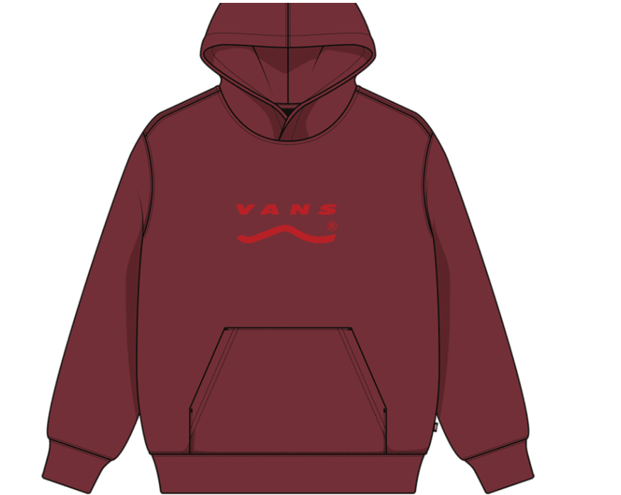 Hoodie - Vans bordeaux avec logo rouge, poche kangourou, manches longues, style garçon, vue de face.