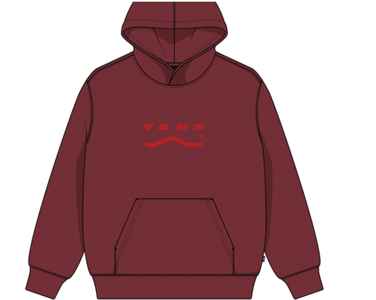 Hoodie - Vans bordeaux avec logo rouge, poche kangourou, manches longues, style garçon, vue de face.