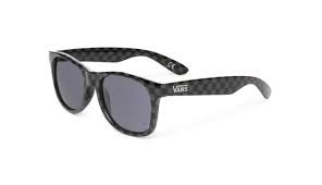 Lunette de soleil - Vans en acétate noir à motifs damier, verres gris foncé, style unisexe, vue de 3/4 gauche.