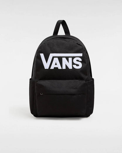 Sac à dos - Vans noir avec logo blanc, tissu polyester recyclé, grand compartiment et poche avant, vue de face.