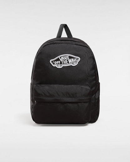 Sac à dos - Vans noir en polyester recyclé avec logo blanc, grand compartiment, poche avant, vue de face.