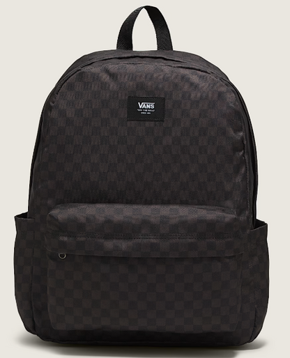 Sac à dos - Vans noir à motif damier, poche avant, bretelles rembourrées, vue de face.