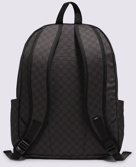 Sac à dos - Vans noir à motifs damiers, bretelles rembourrées ergonomiques, vue de dos.