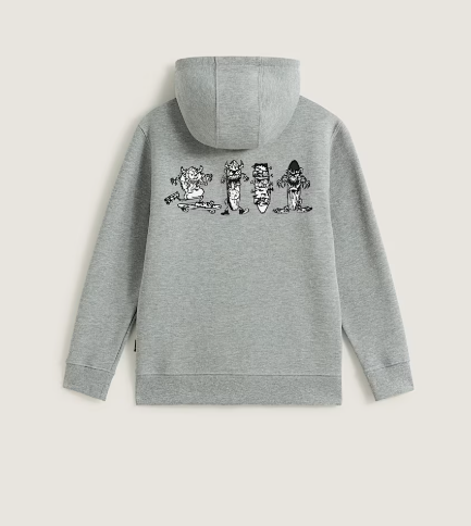 Veste - Vans grise avec capuche, illustration skate noire et blanche au dos, style décontracté, pour enfant, vue de dos.