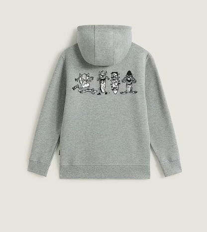 Veste - Vans grise avec capuche, illustration skate noire et blanche au dos, style décontracté, pour enfant, vue de dos.