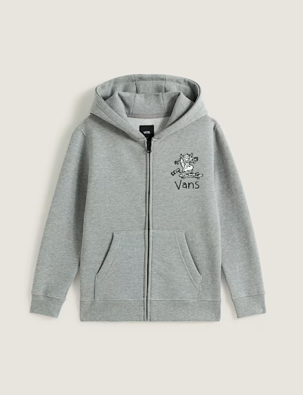 Veste - Vans grise à capuche en molleton avec zip, logo et motif skateboard, pour enfant, vue de face