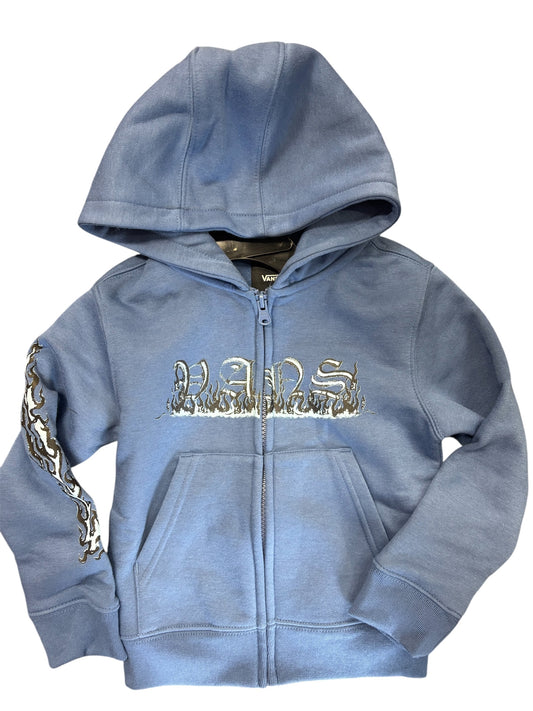 Veste - Vans bleu clair à capuche avec logo enflammé sur poitrine et manche, en molleton, pour garçon, vue de face