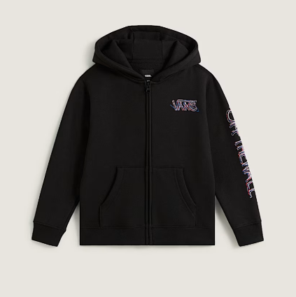 Veste - Vans noire en coton et polyester avec capuche, logo coloré sur poitrine et manche, pour garçon, vue de face.