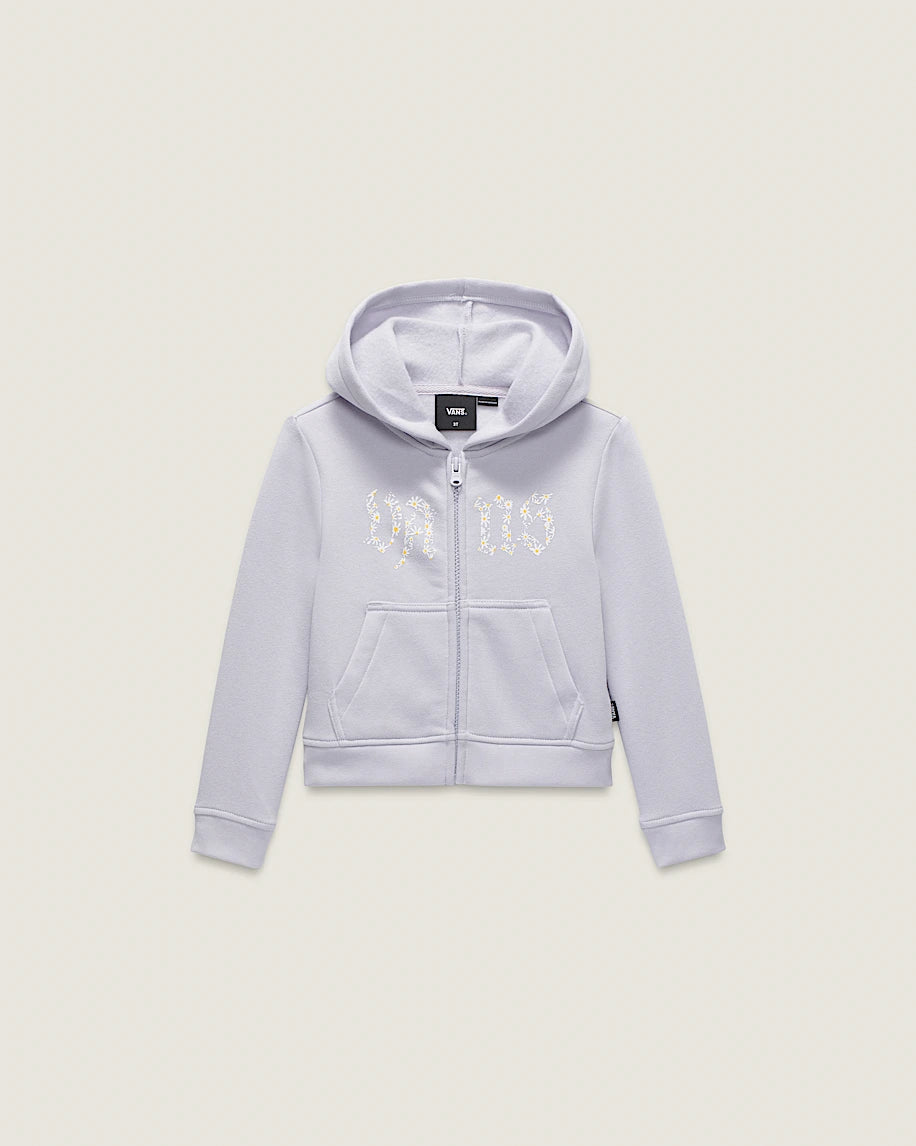 Veste - Vans fille lilas à capuche, zip avant et poches kangourou, motif floral blanc, vue de face.
