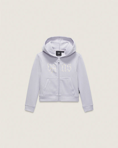 Veste - Vans fille lilas à capuche, zip avant et poches kangourou, motif floral blanc, vue de face.